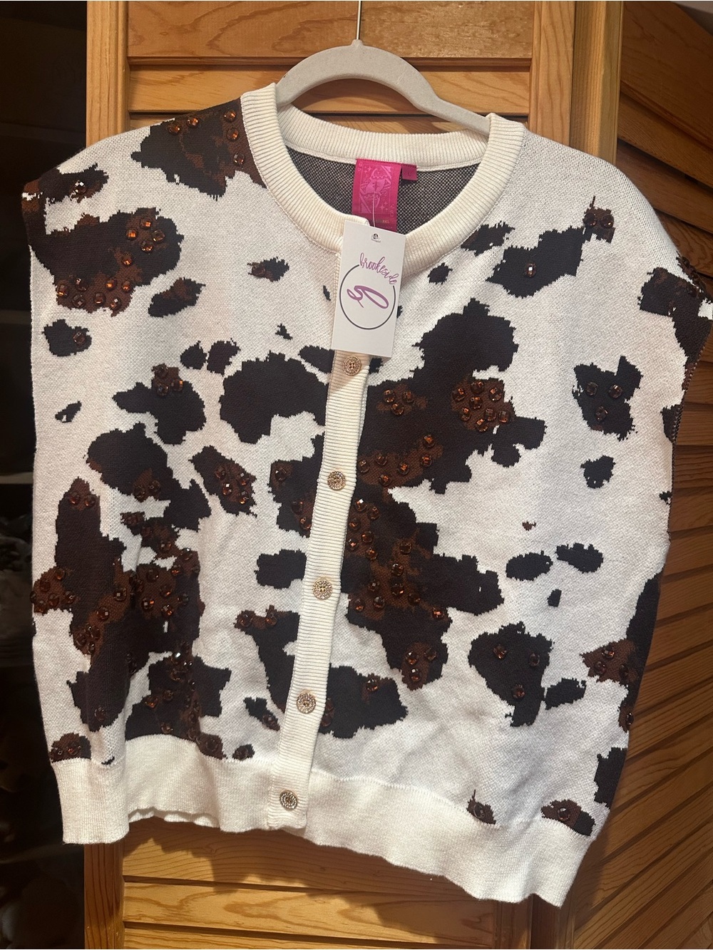 QUEEN OF SPARKLES Cream and Brown Sequin-Embellished Cowprint Sweater